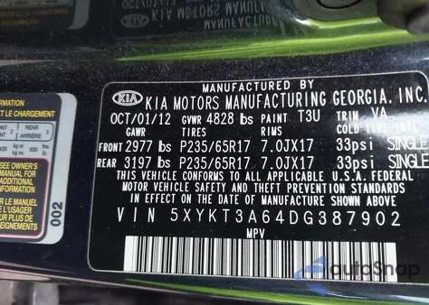 2013 Kia Sorento Lx z USA, uszkodzony, nr VIN 5XYKT3A64DG387902